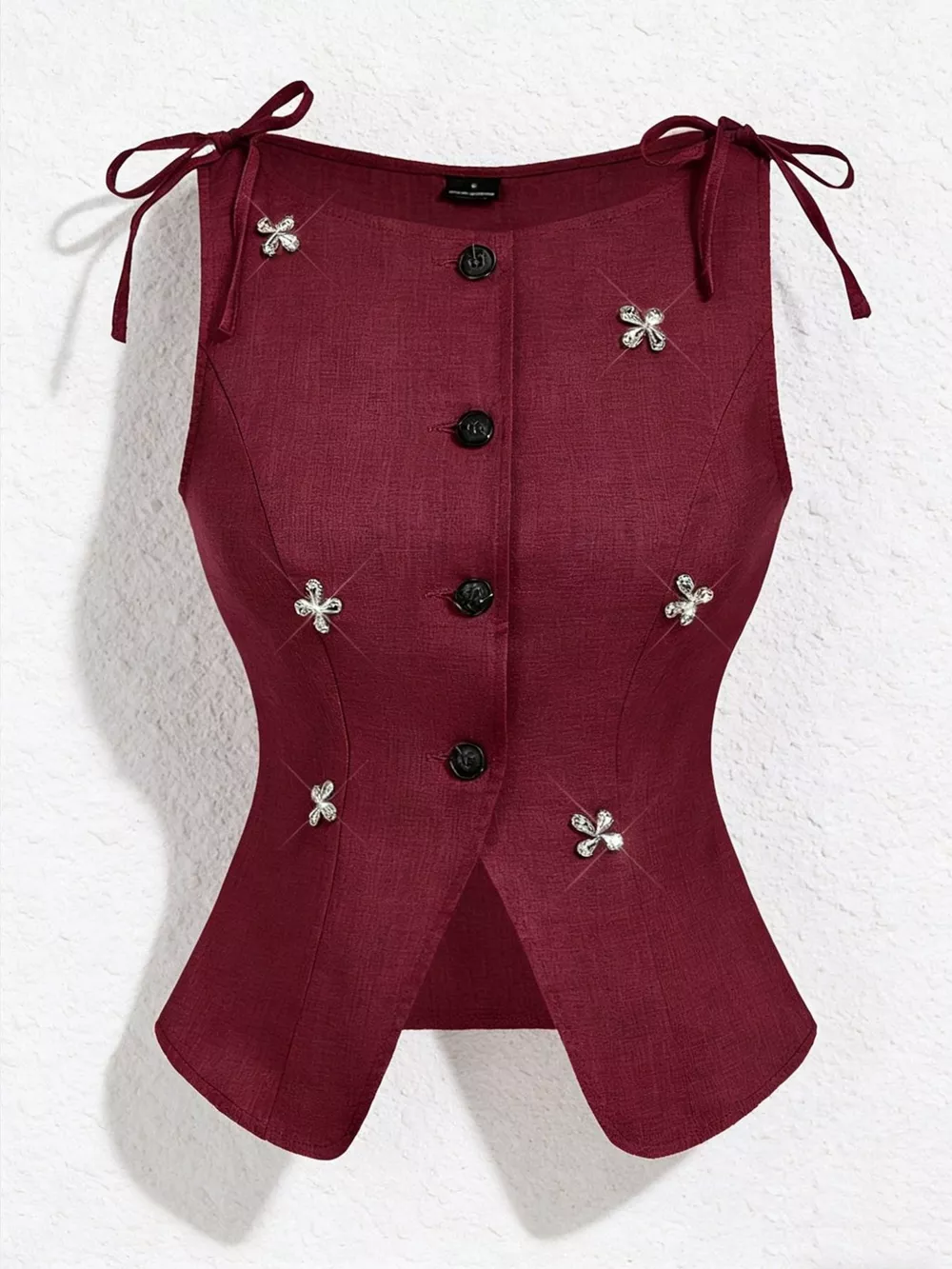 Button-Front Floral Decor Tie Shoulder Vest