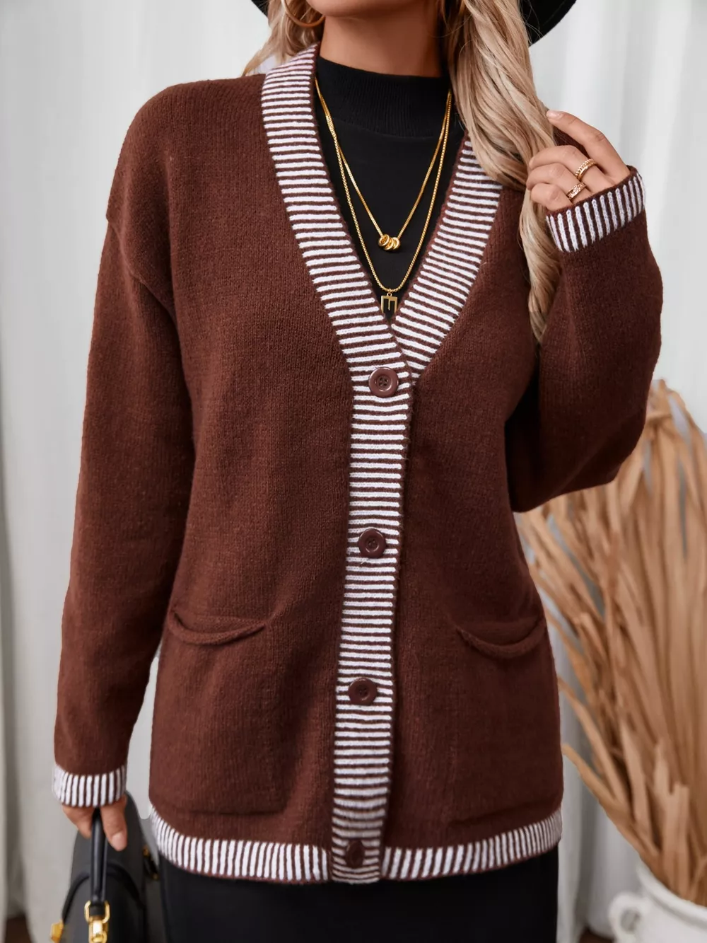 Striped Trim Button Front Pocket Knit Cardigan, image 2