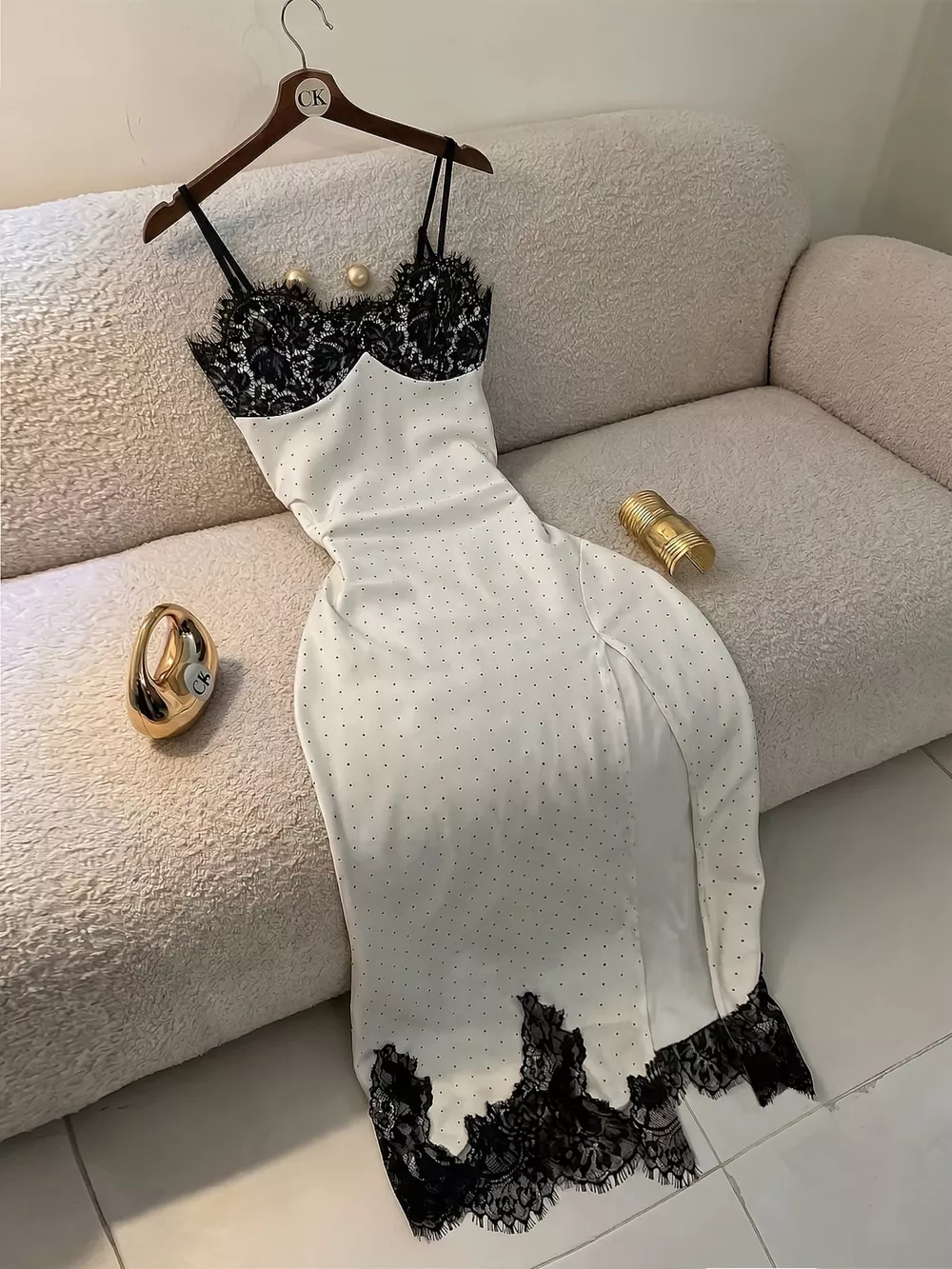 Polka Dot Lace Trim Spaghetti Strap Maxi Dress, image 3