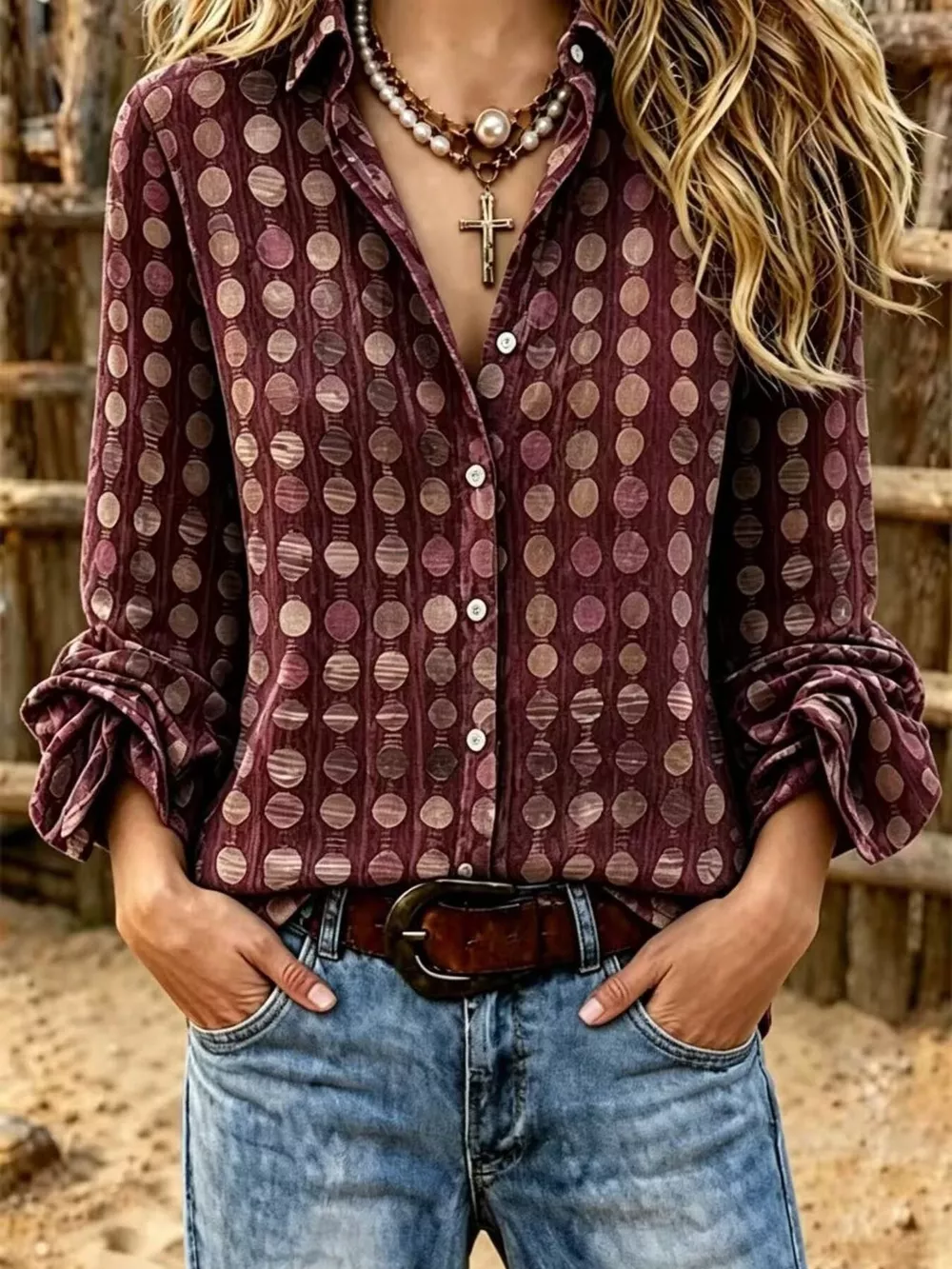 Full Size Circle Pattern Long Sleeve Shirt Plus Size, image 9