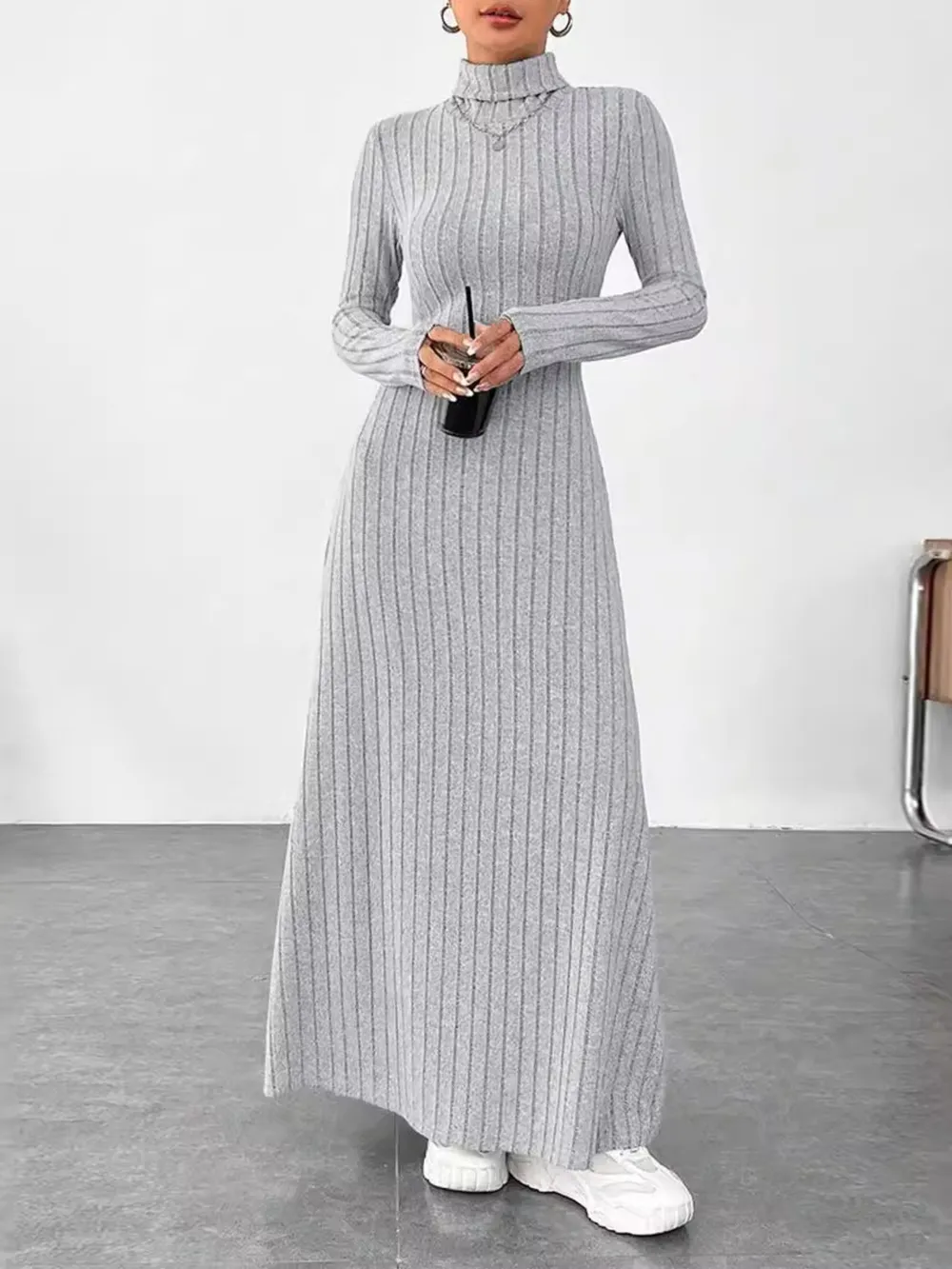 Ribbed Turtleneck Long Sleeve Maxi Knit Dress, image 5