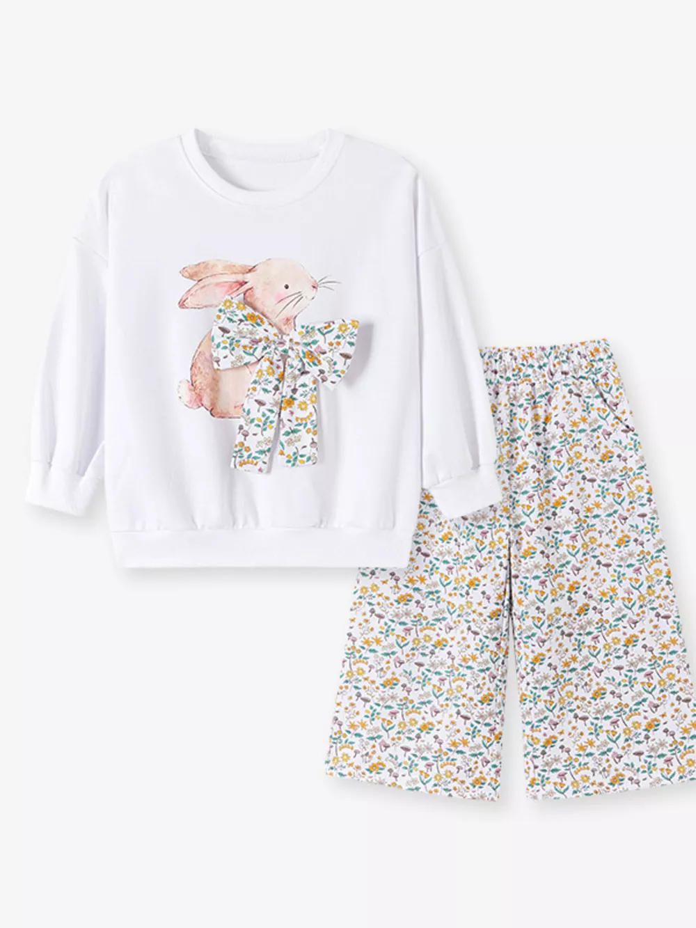 Children's Bunny Graphic Sweatshirt and Floral Wide-Leg Pant Set, image 4