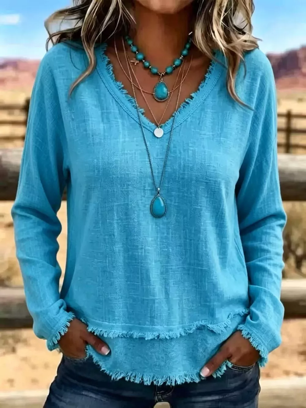 V-Neck Long Sleeve Blouse with Frayed Hem Detail, image 12