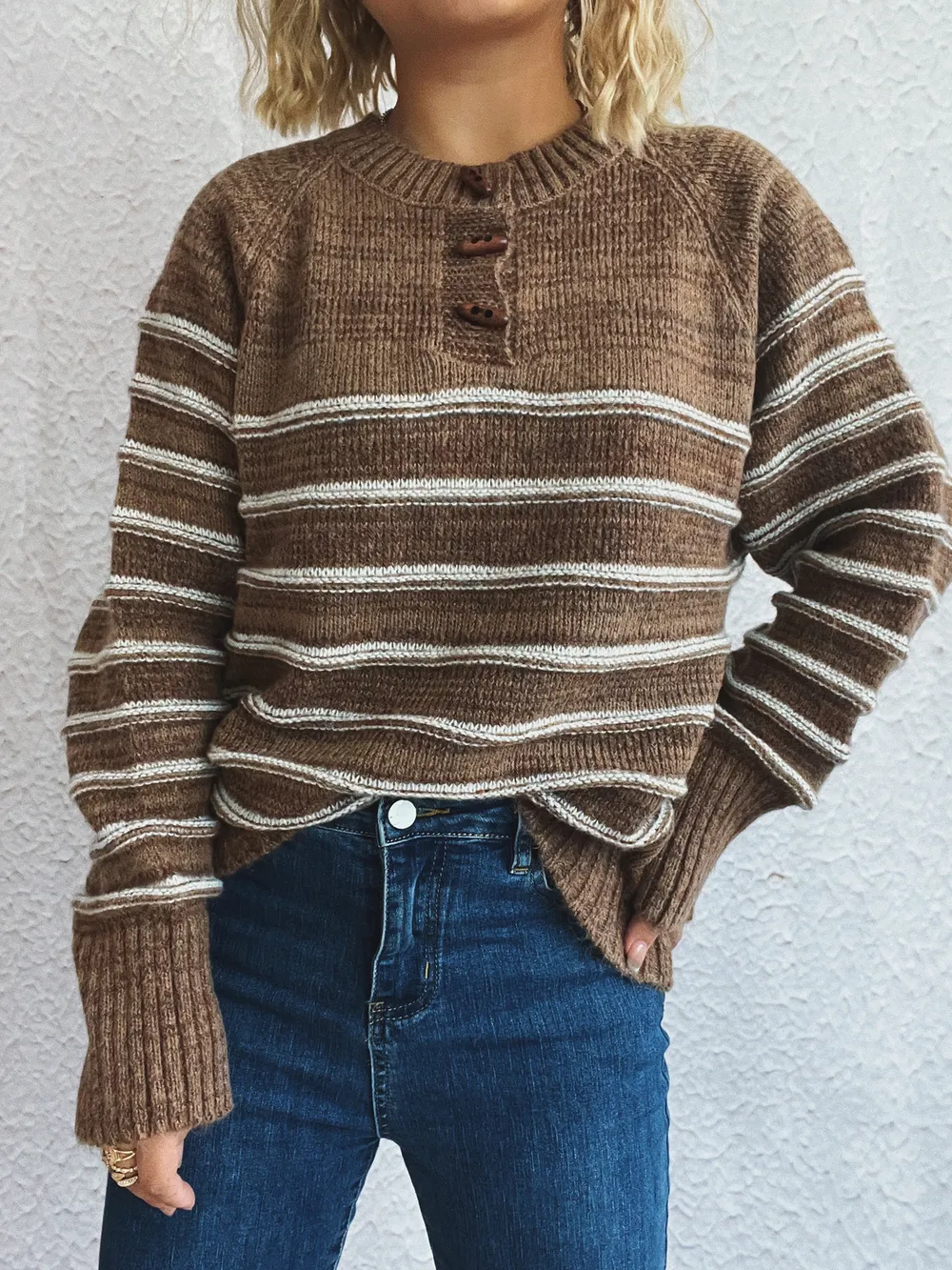 Striped Button Detail Long Sleeve Sweater, image 11
