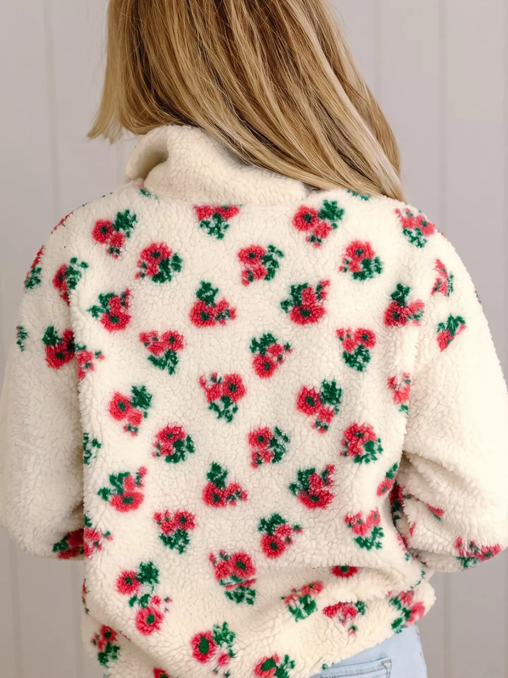 Floral Print Fleece Contrast Trim Button Collar Sweatshirt, image 3