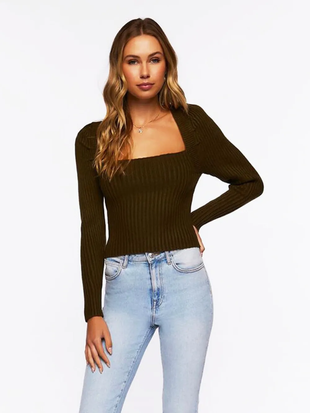 Ribbed Square Neck Long Sleeve Sweater, image 10