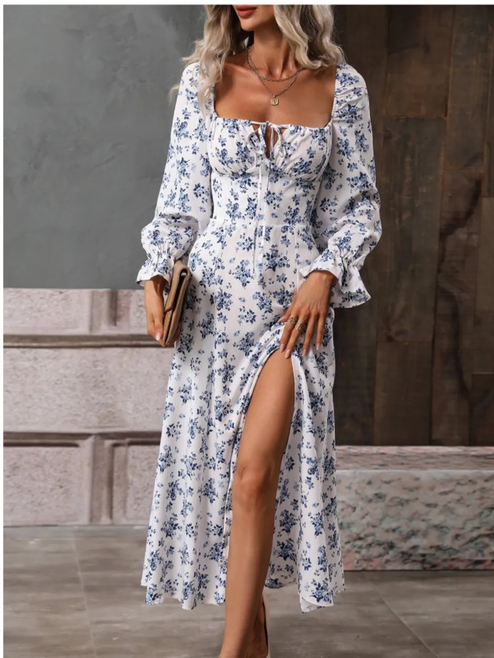 Floral Print Square Neck Flounce Sleeve Dress with Side Slit, image 14