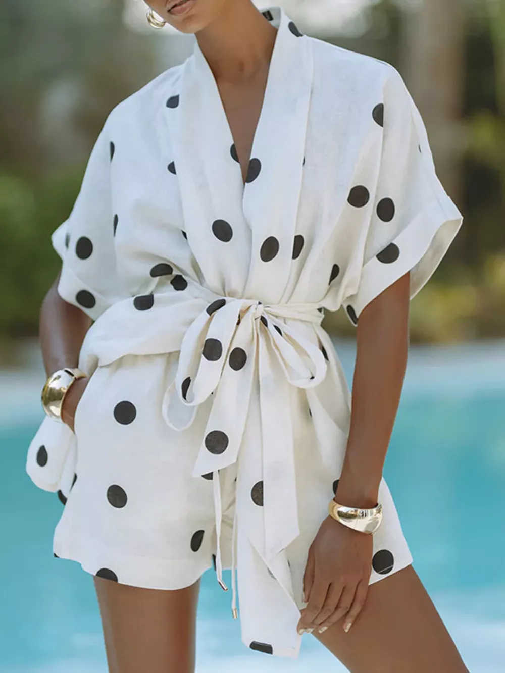 Polka Dot Tie Waist Top and Shorts Set, image 2