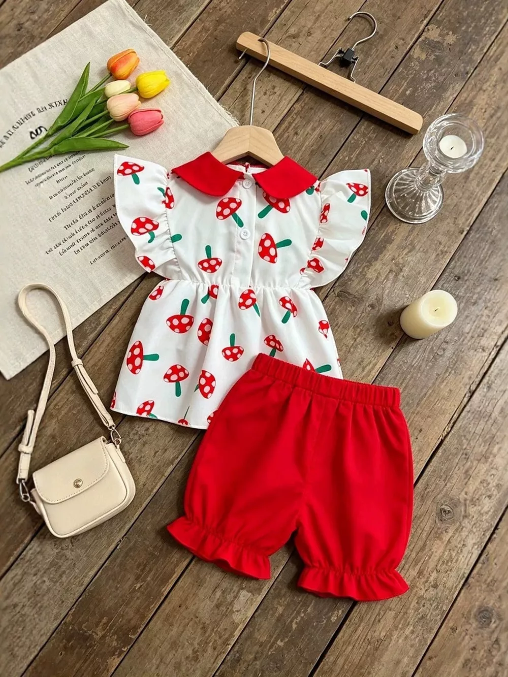 Children's Mushroom Print Ruffle Trim Top & Shorts Set, image 5