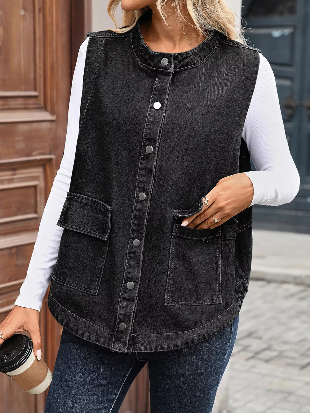 Snap Down Sleeveless Denim Jacket, image 2