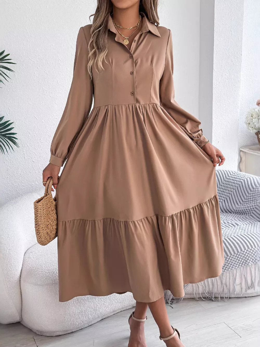 Long Sleeve Tiered Button Front Midi Dress, image 23