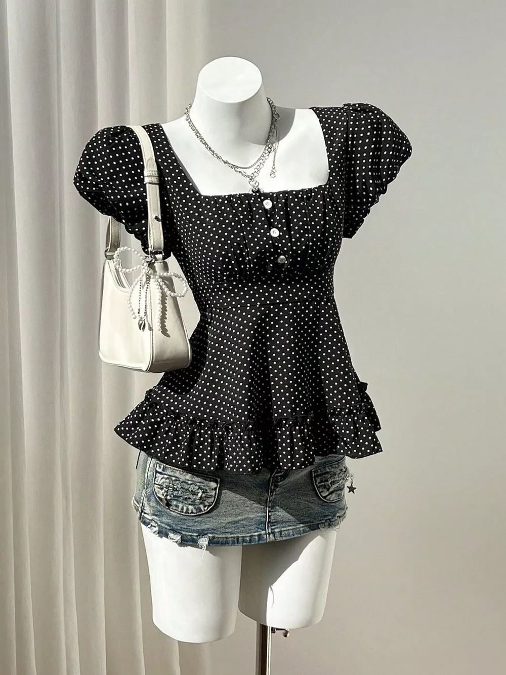 Polka Dot Square Neck Puff Sleeve Peplum Blouse