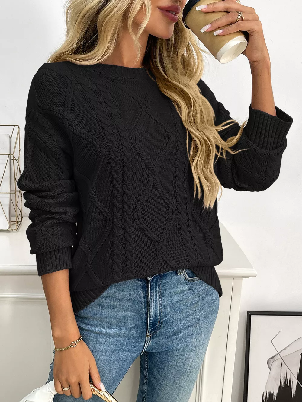 Cable Knit Round Neck Long Sleeve Sweater, image 10
