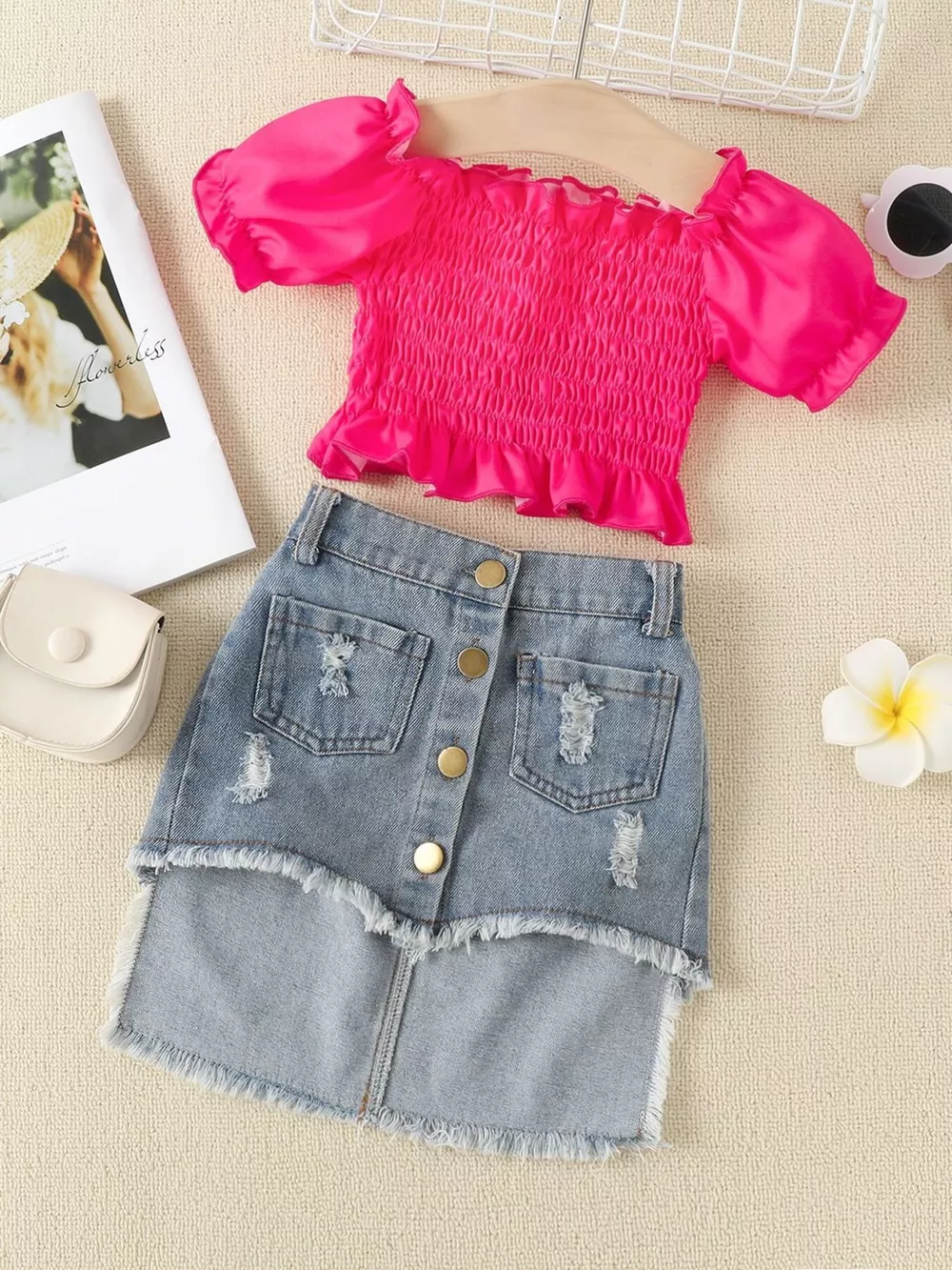 Children's Smocked Top and Distressed Denim Skirt Set, image 2
