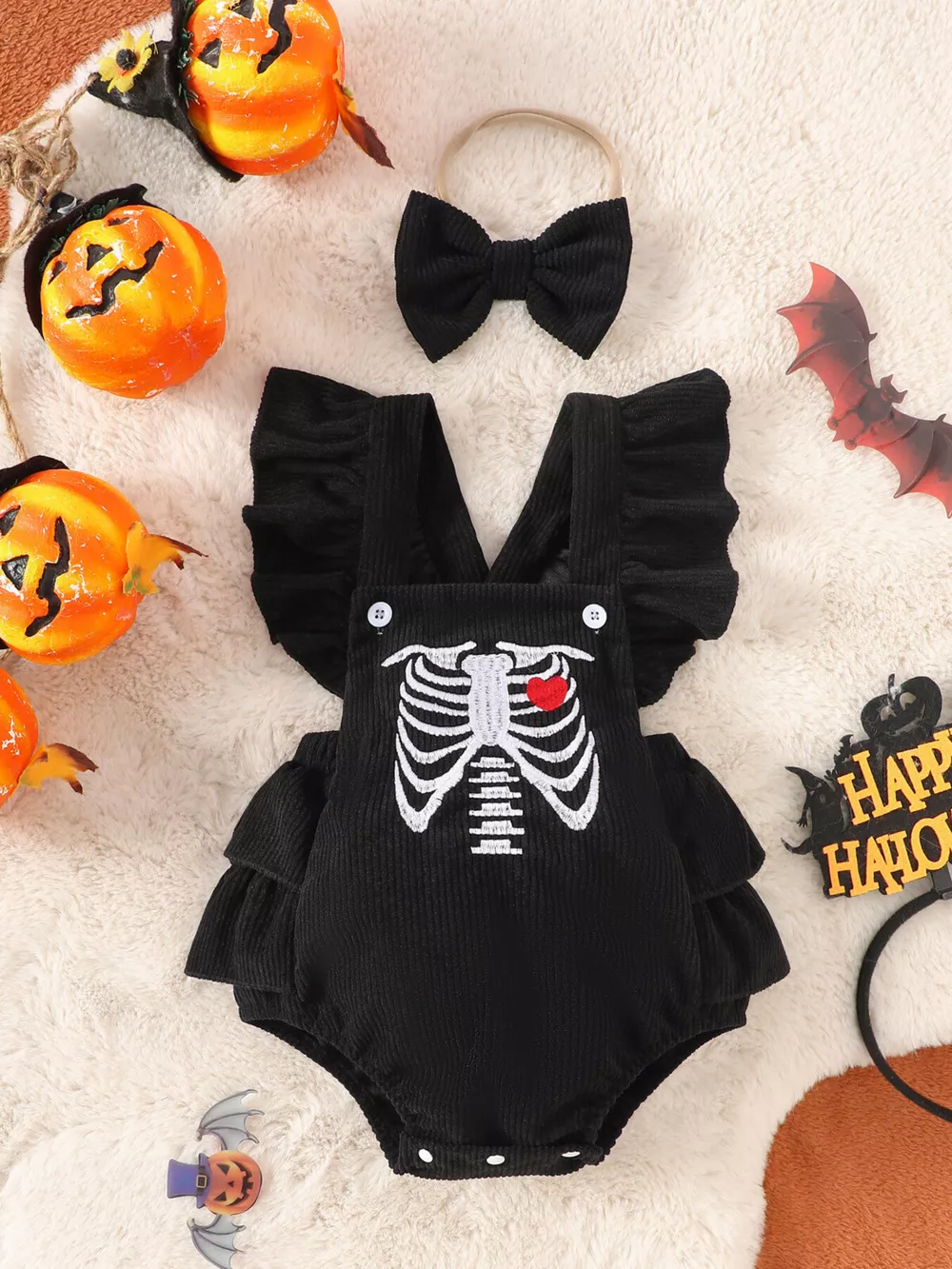 Children's Halloween Skeleton Ruffle Bodysuit and Bow Headband Set