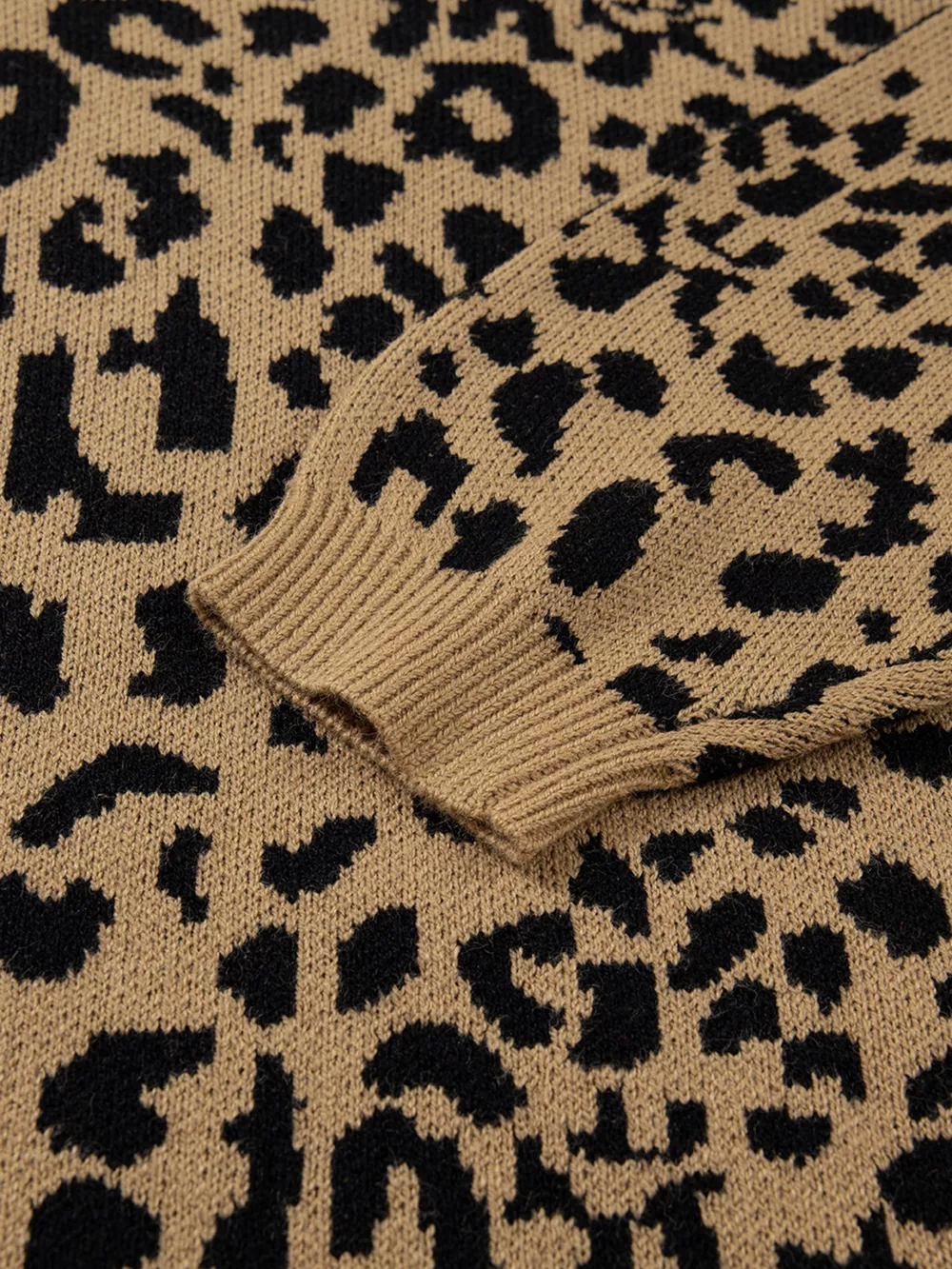 Ribbed Trim Round Neck Leopard Drop Shoulder Sweater, image 5