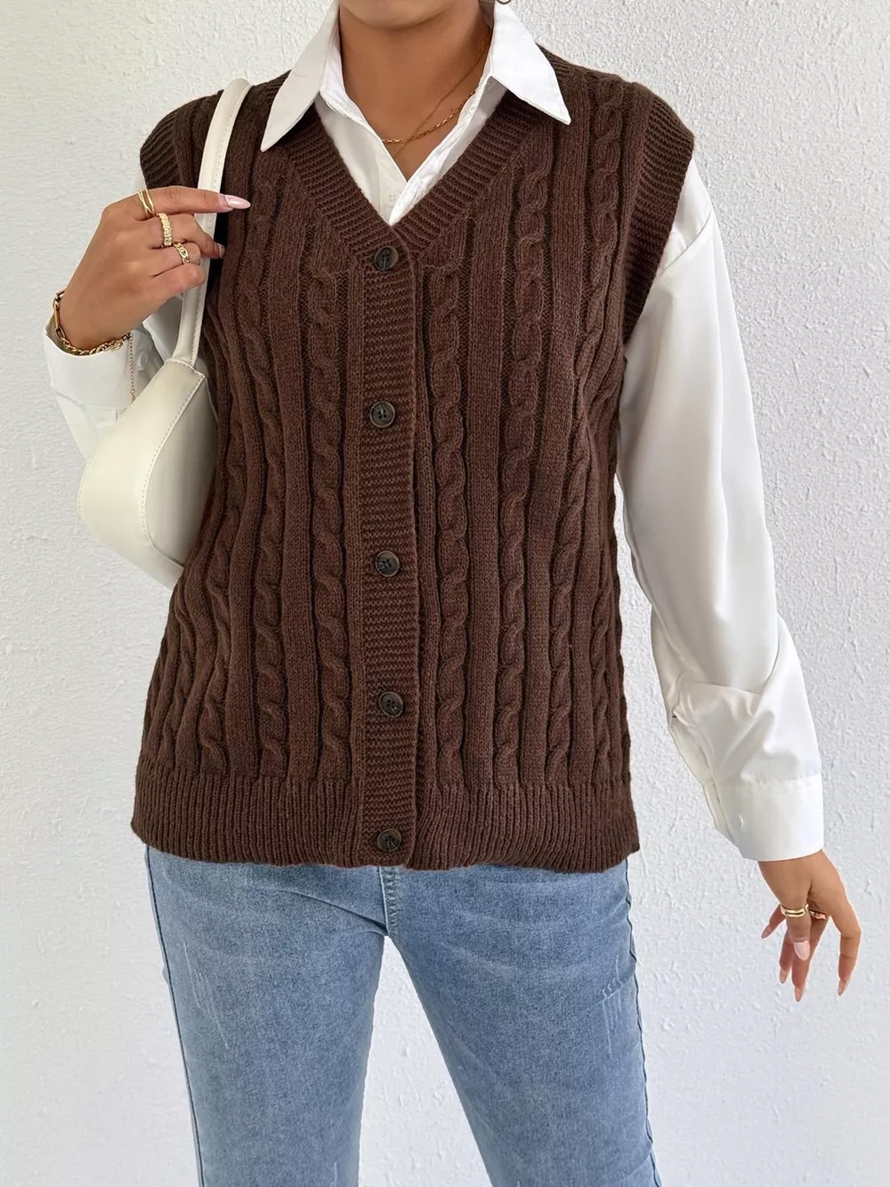 Cable-Knit Button-Up Sweater Vest, image 3