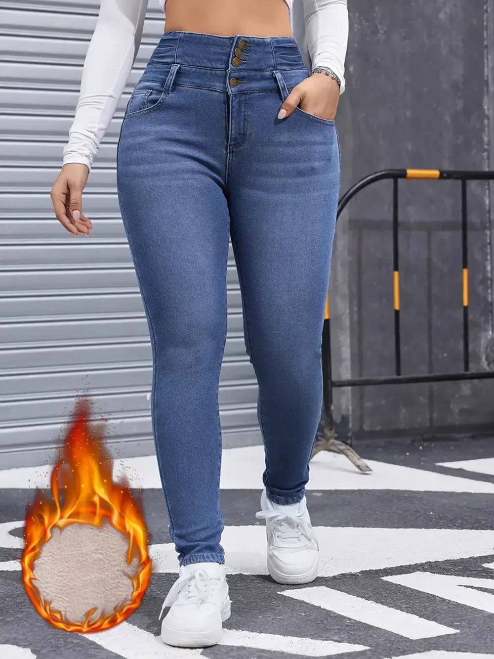 High-Waisted Slim Fit Fleece-Lined Jeans, image 4