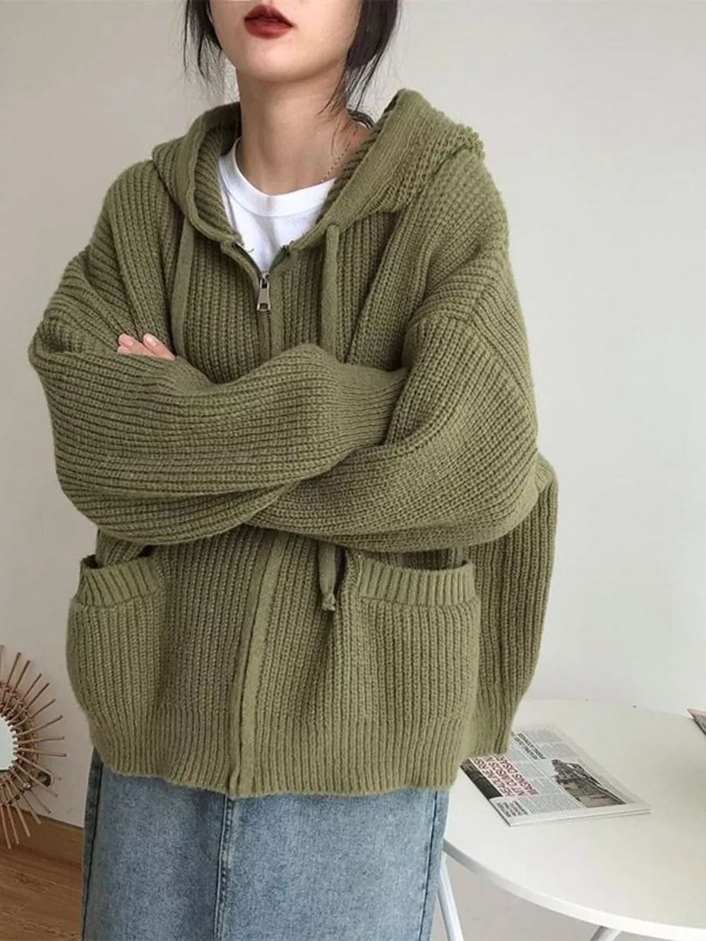 Casual Knitted Zip-Up Hooded Cardigan, image 11