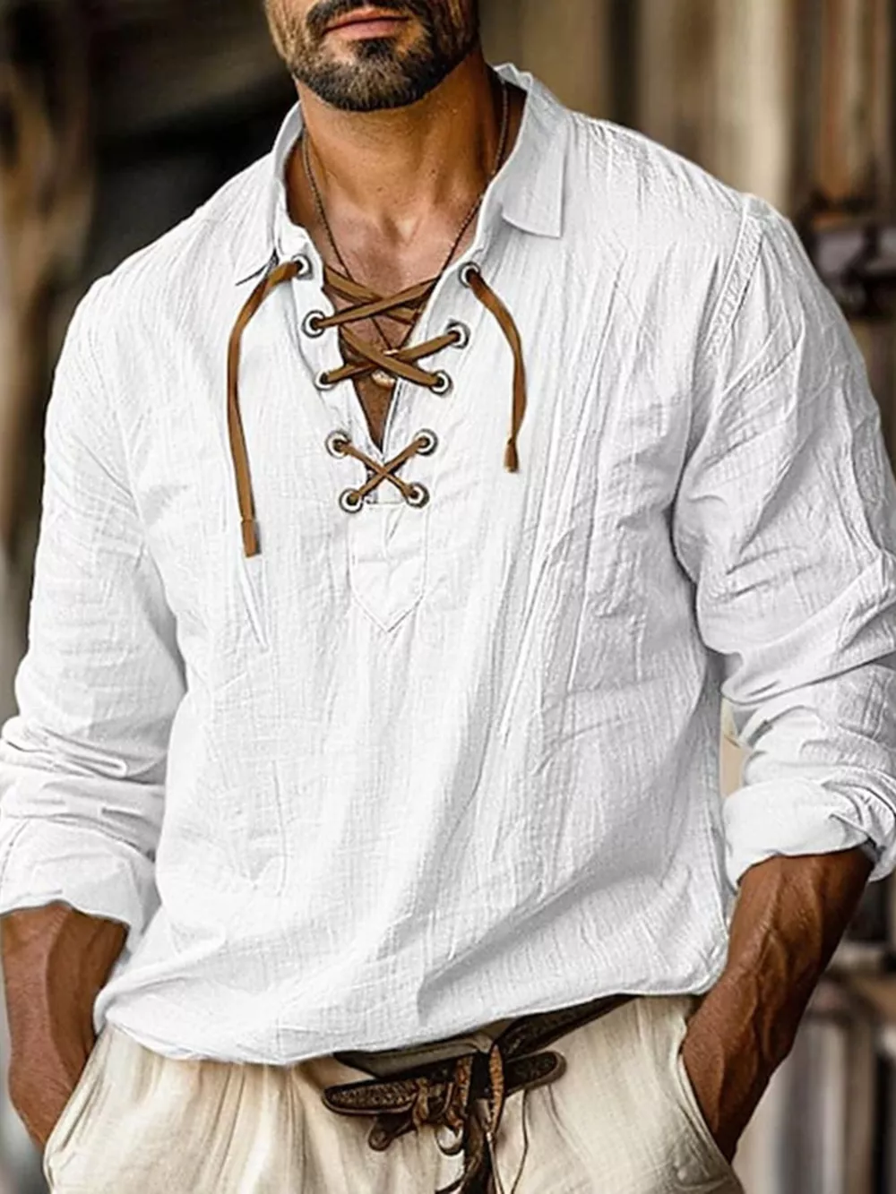 Men's Full Size Vintage Lace-Up Long Sleeve Blouse Plus Size, image 8