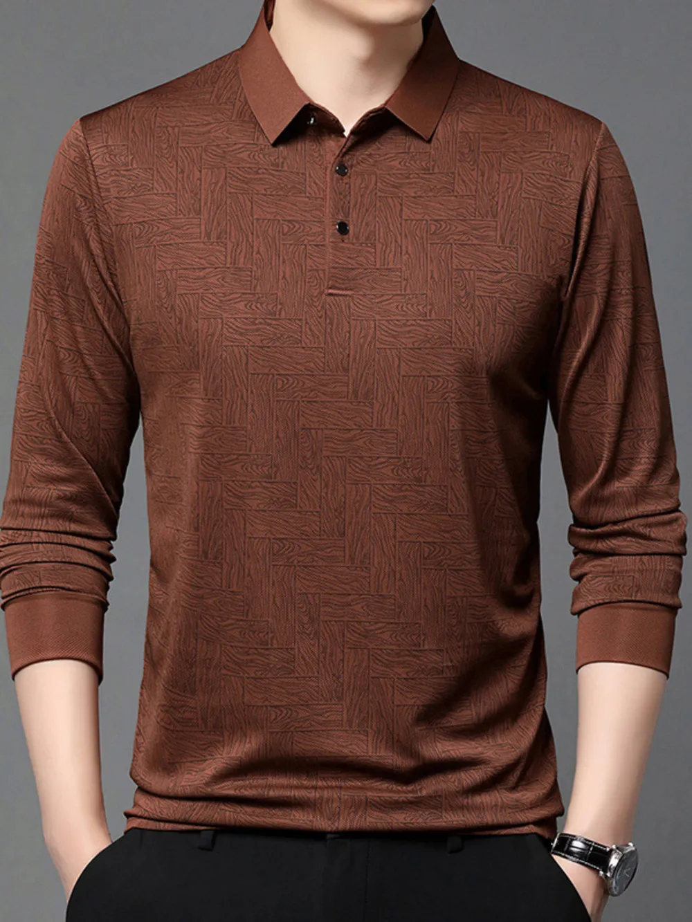 Men's Plus Size Button Detail Long Sleeve Polo, image 2