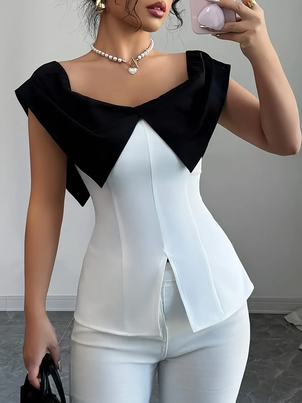 Slit Contrast Cap Sleeve Blouse, image 7