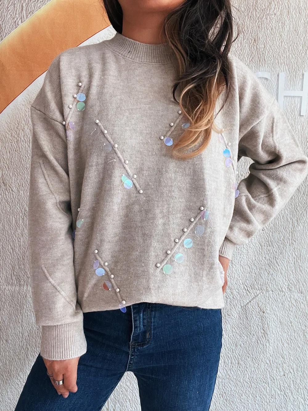 Sequined Embellished Round Neck Sweater, image 2