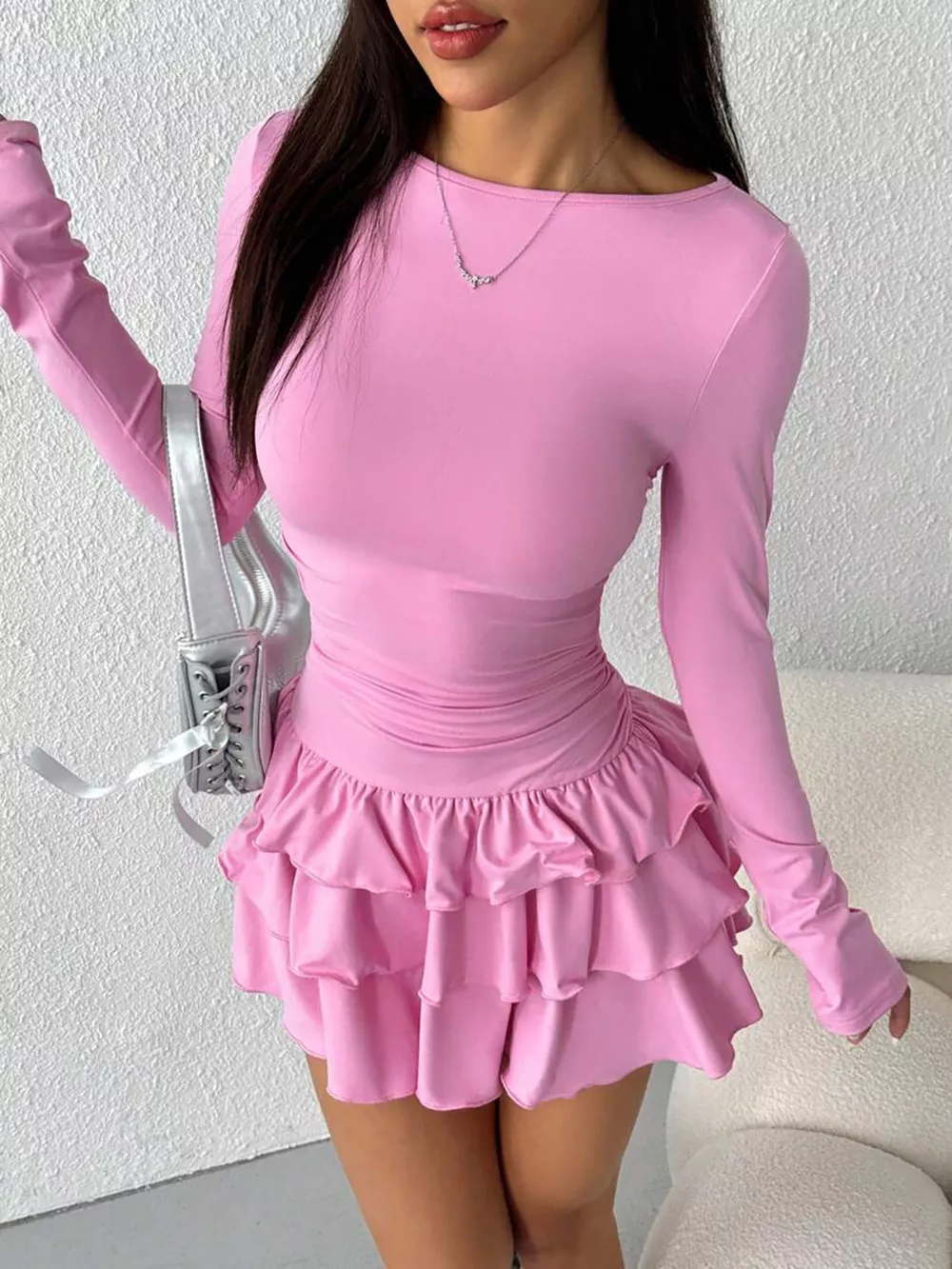 Ruched Long Sleeve Layered Ruffle Mini Dress, image 20