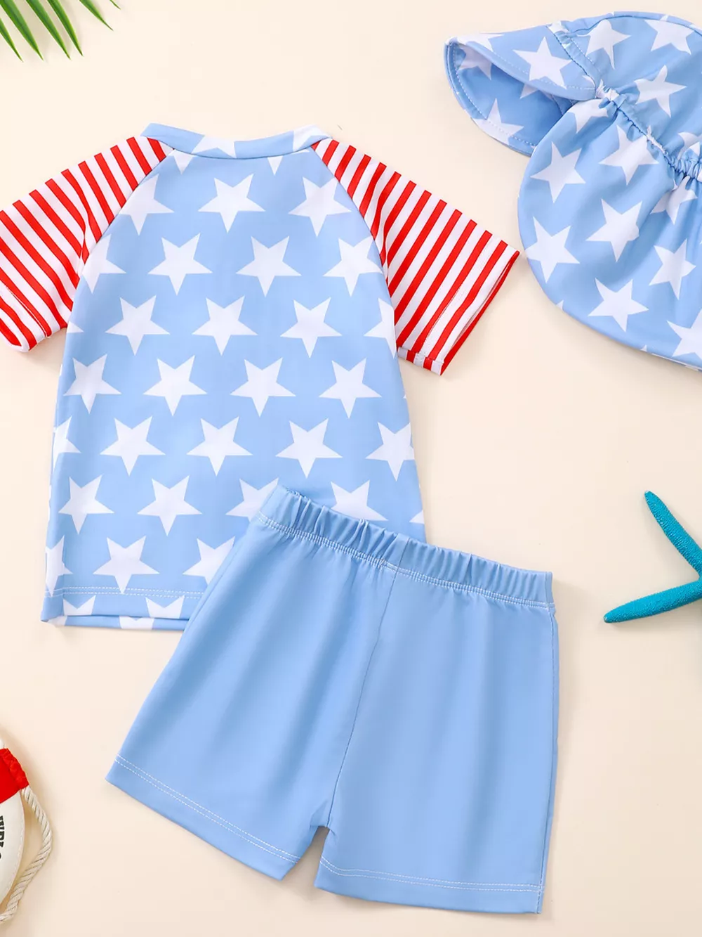 Children's Patriotic Star Print Top and Shorts Swim Set with Hat, image 5