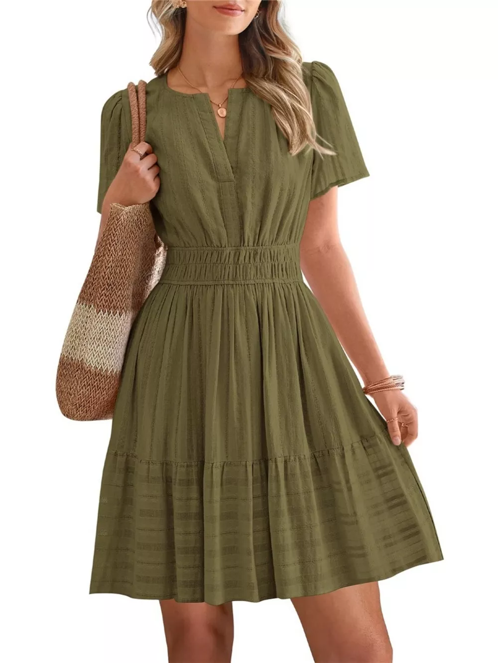 Short Sleeve Smocked Waist Tiered Dress, image 11