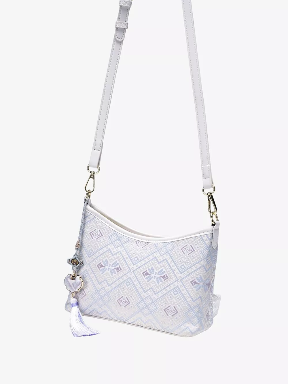 Geometric Pattern Jacquard Crossbody Bag with Tassel Charm, image 9