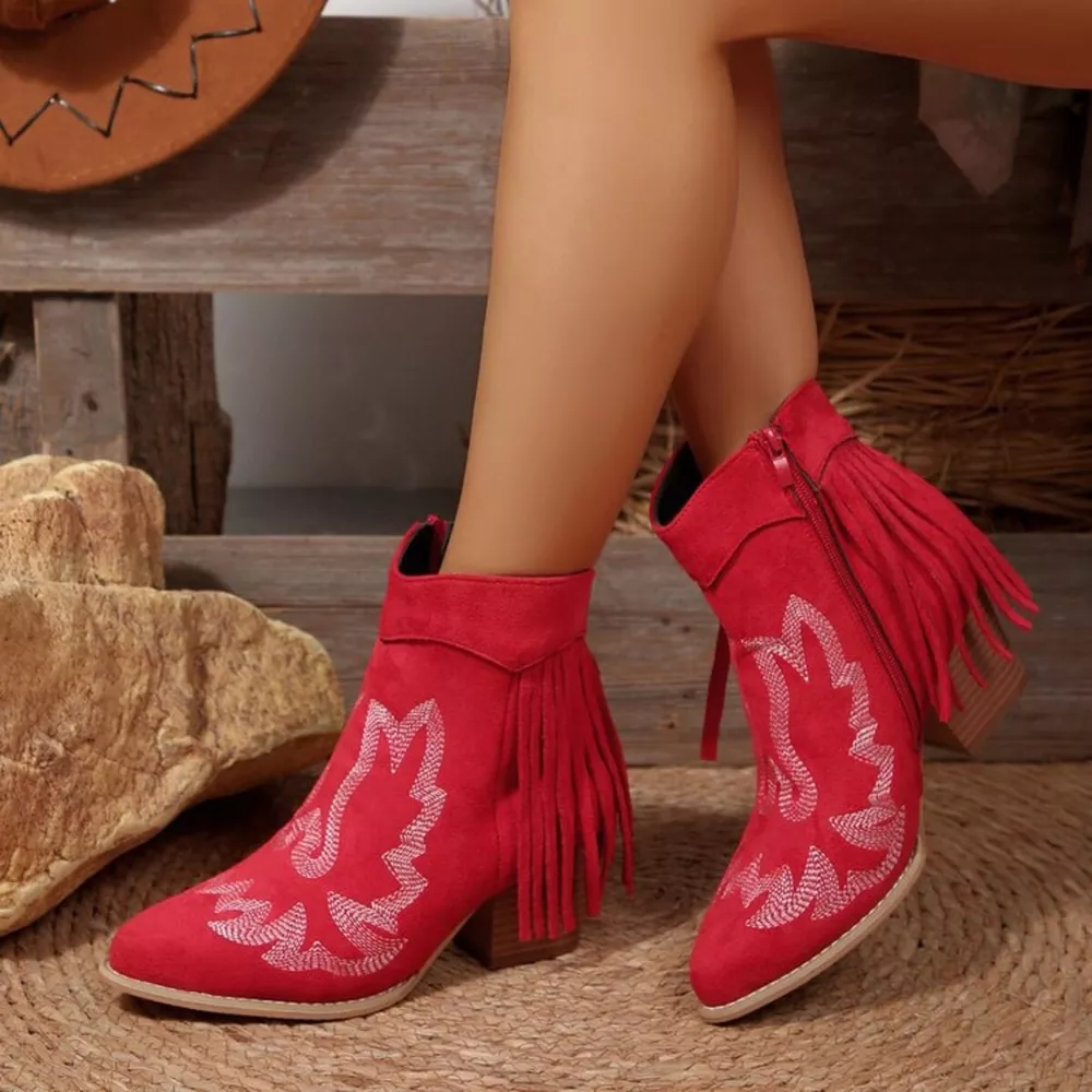 Fringe Point Toe Block Heels Boots, image 8