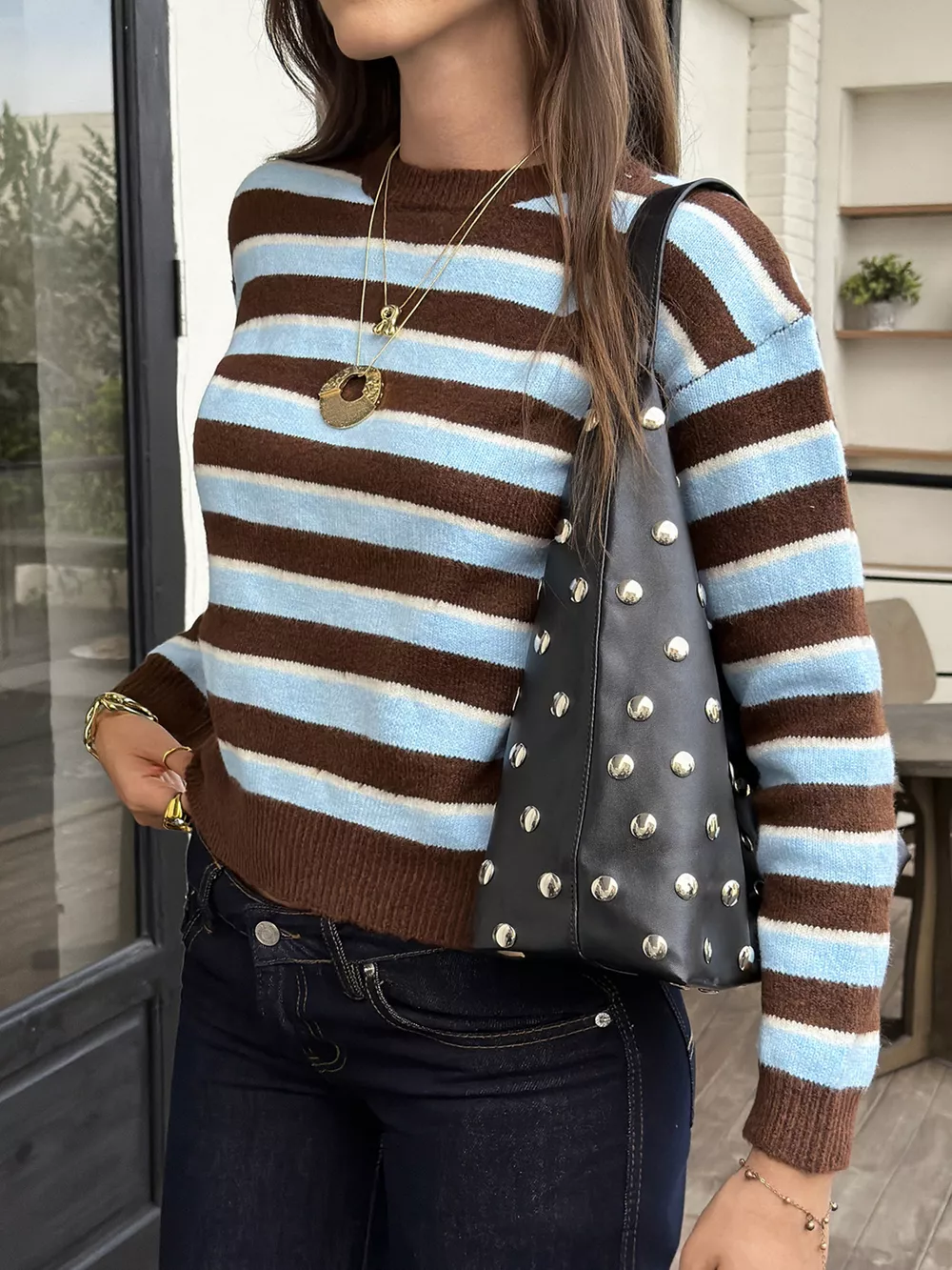 Striped Crew Neck Knit Sweater, image 3