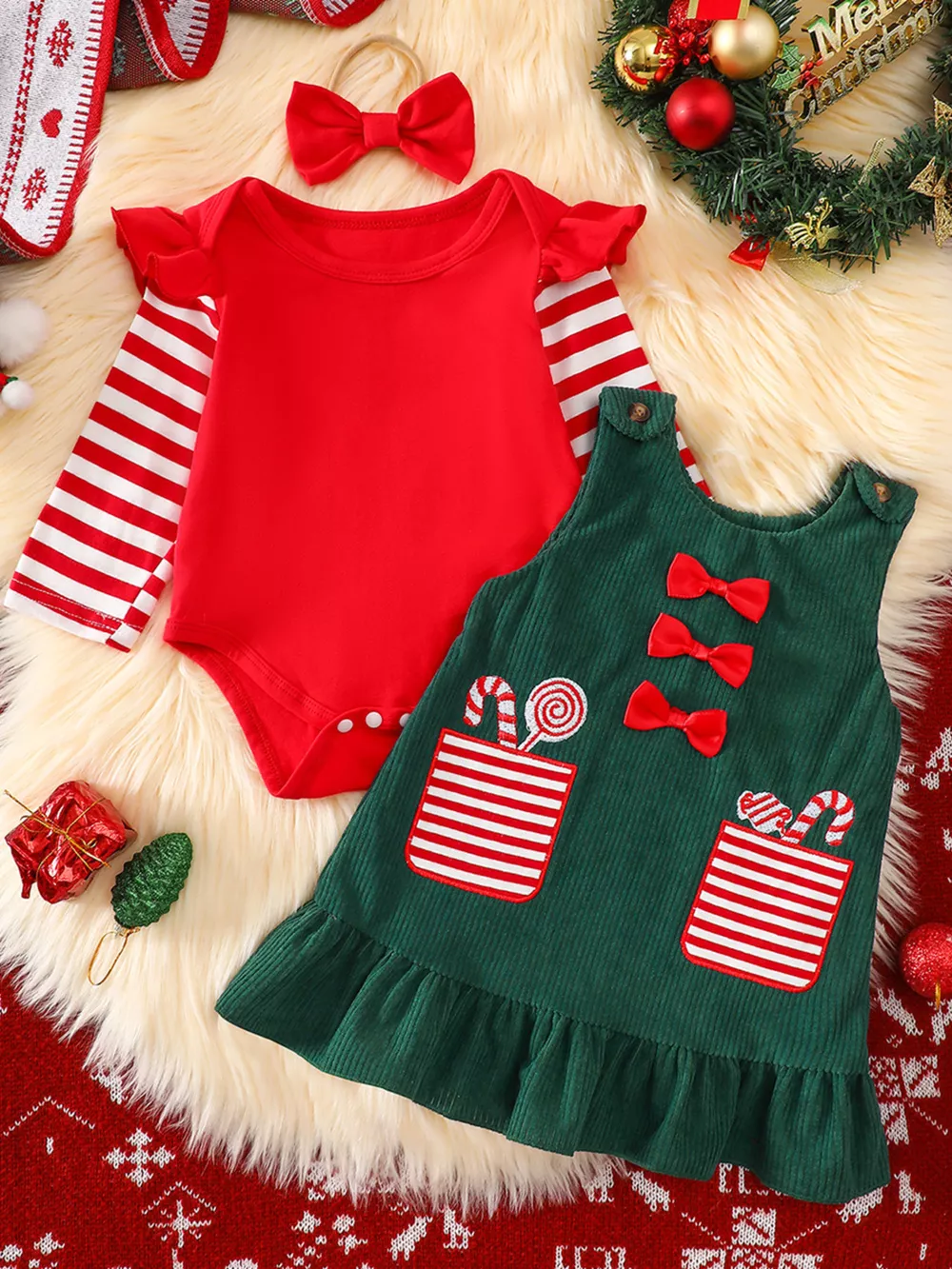 Children's Christmas Striped Bodysuit and Dress Set with Headband, image 2