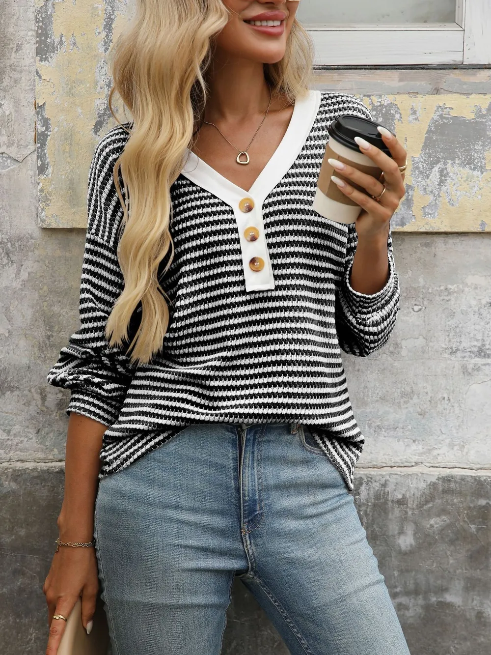 Striped V-Neck Button Front Casual Top, image 9