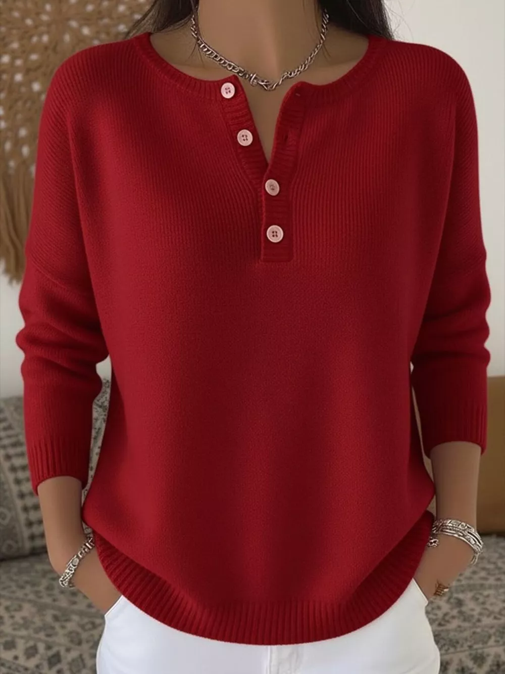 Full Size Half Button Long Sleeve Knit Top Plus Size, image 6