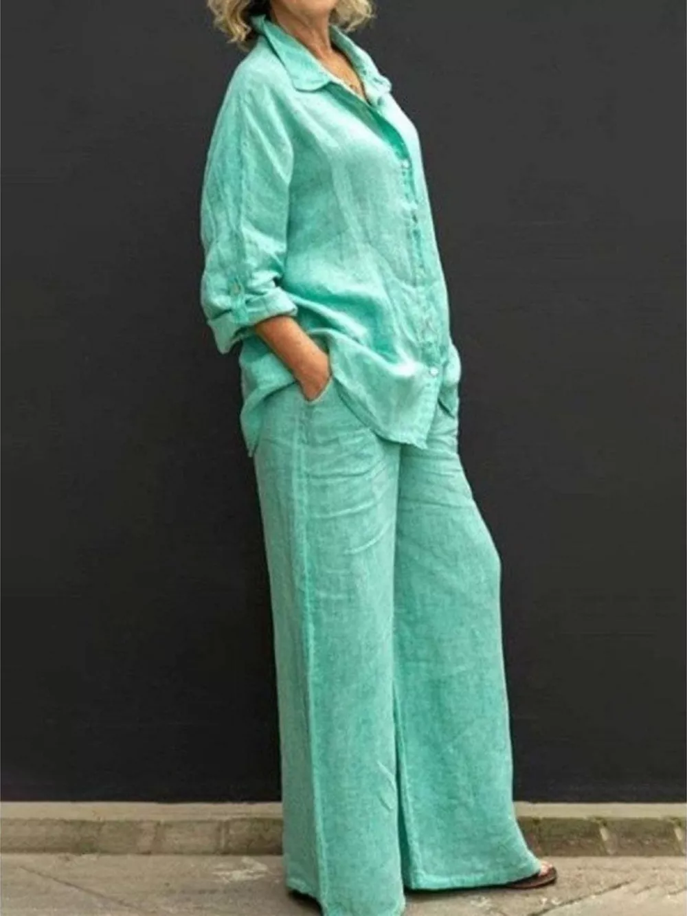 Full Size Long Sleeve Shirt and Pants Set Plus Size, image 2