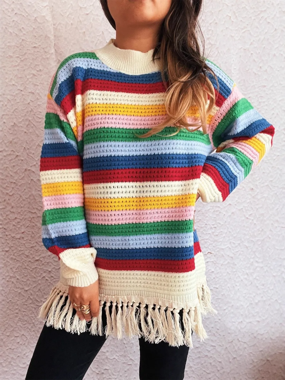 Tassel Rainbow Striped Long Sleeve Sweater, image 2