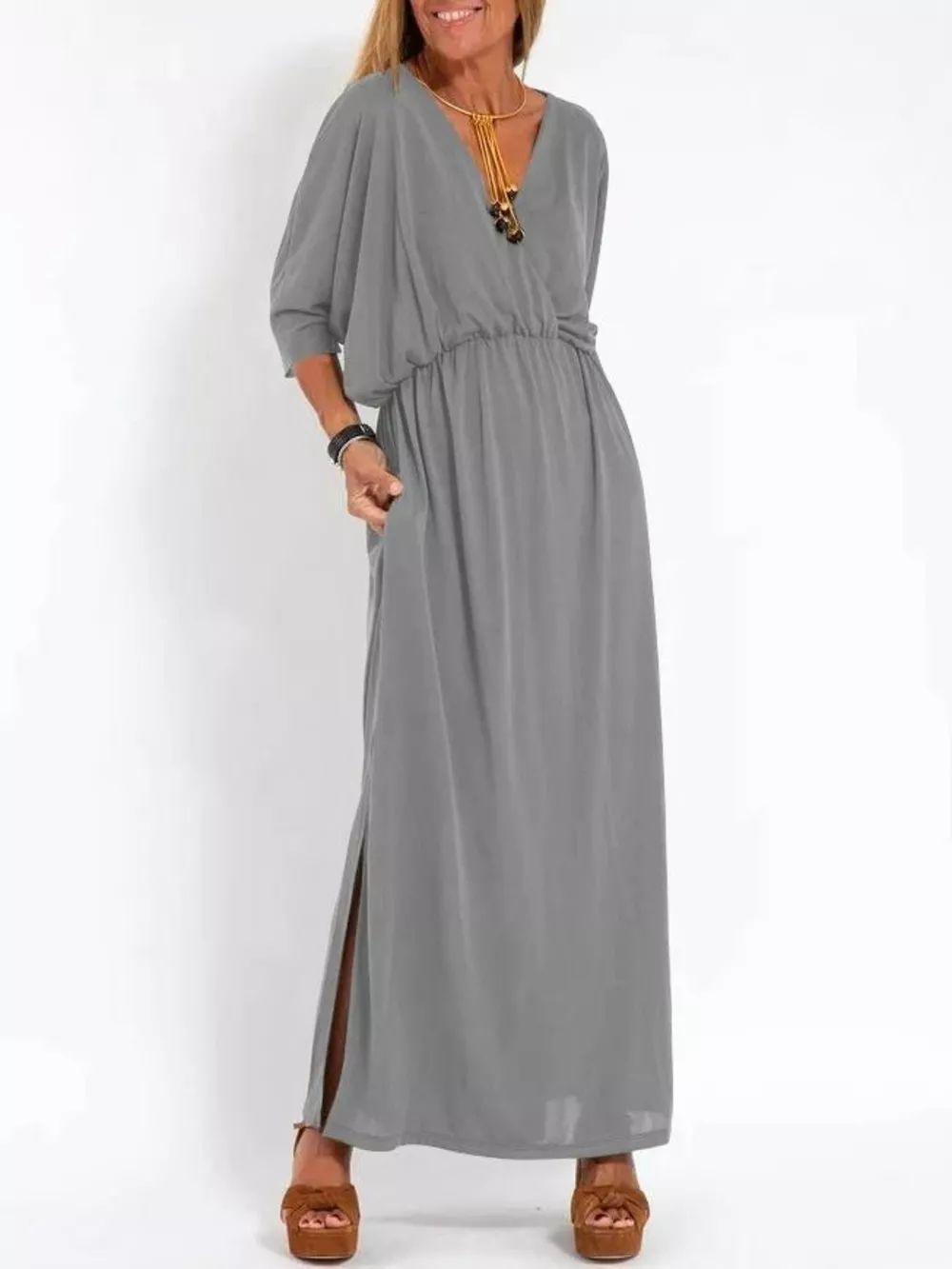 Full Size V-Neck Batwing Sleeve Maxi Dress with Side Slits Plus Size, image 11