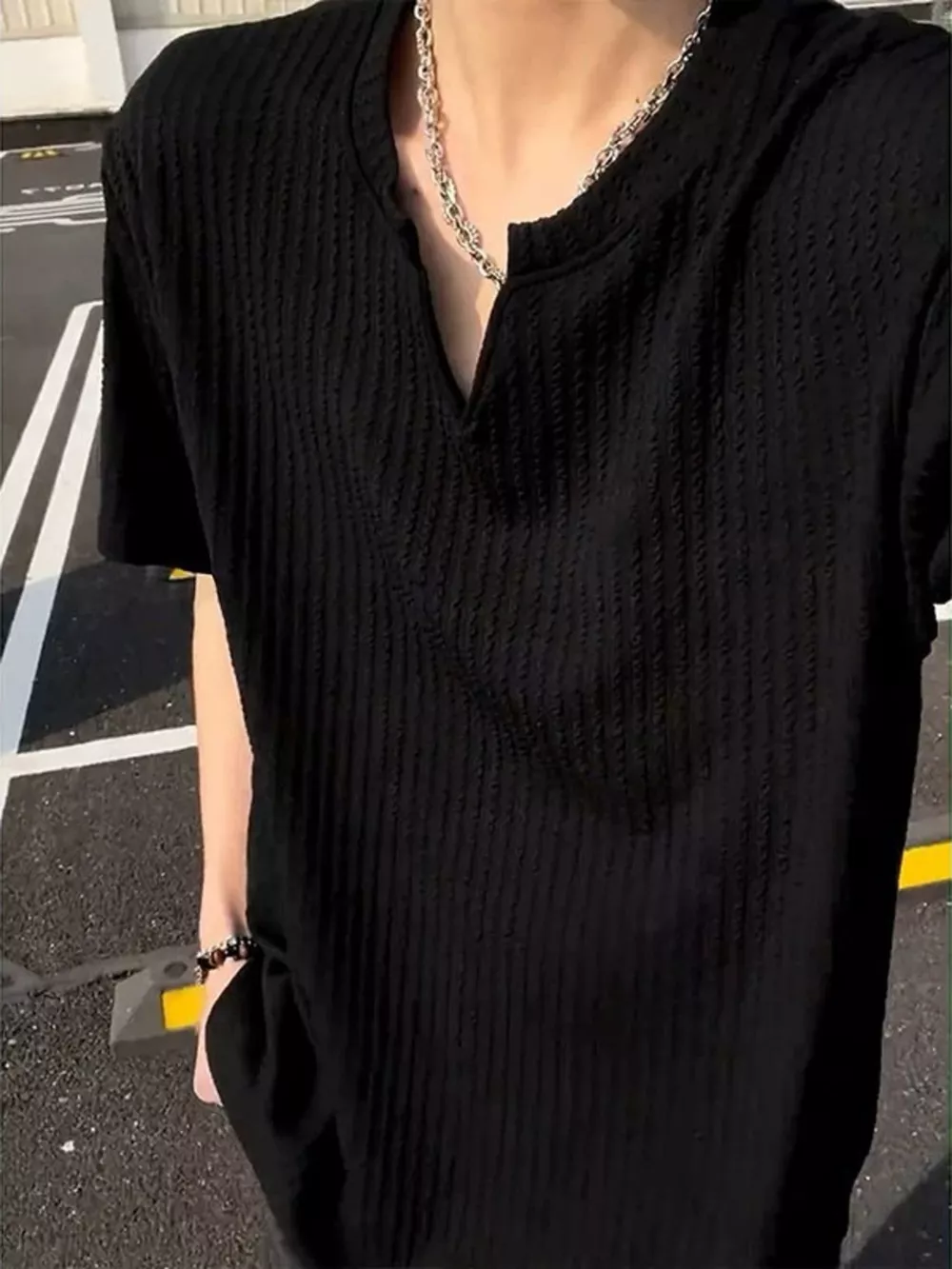 Men's Plus Size Casual Notched Ribbed T-Shirt, image 3