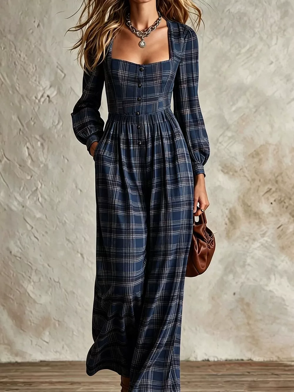 Plaid Square Neck Long Sleeve Wide Leg Jumpsuit, image 11