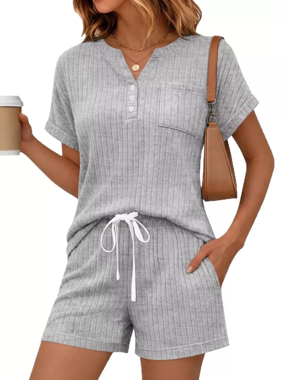 Casual Ribbed Knit Tee and Shorts Set, image 20