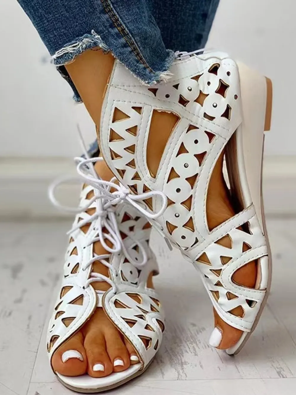 Lace-Up Geometric Cutout Sandals, image 6