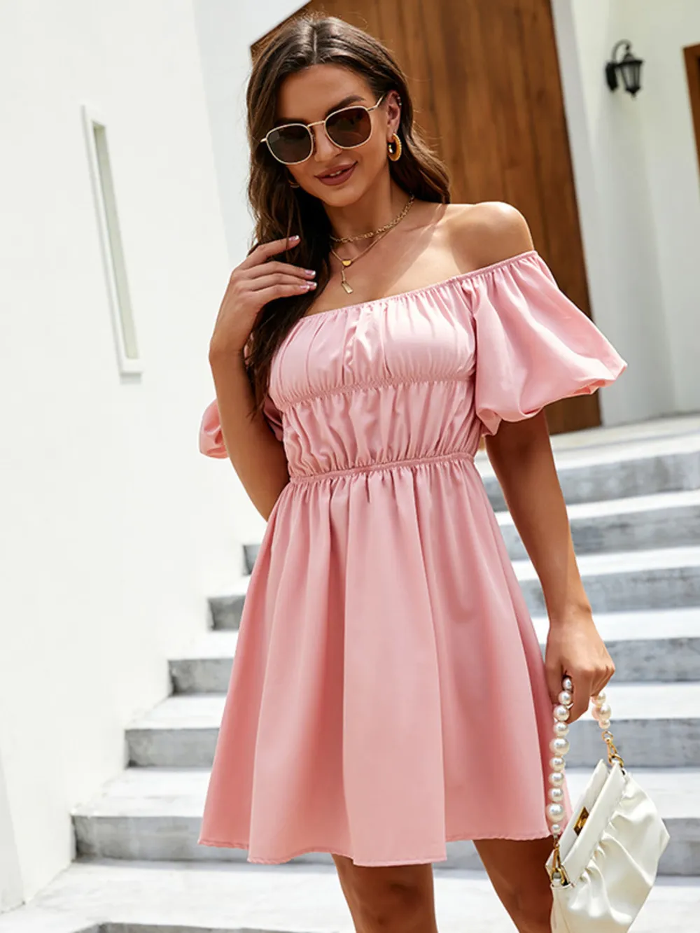 Off-Shoulder Puff Sleeve Mini Dress, image 2