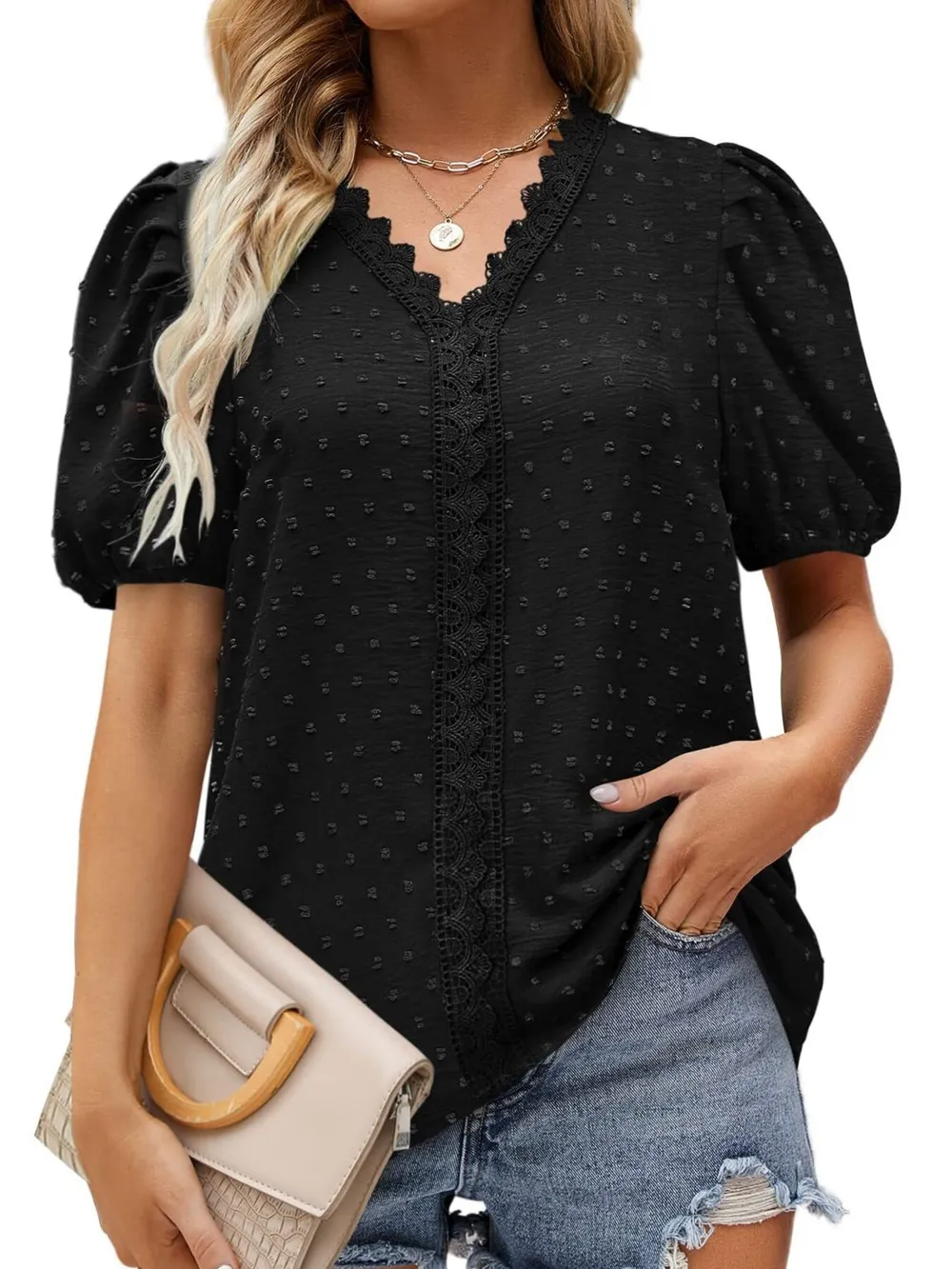Puff Sleeve Swiss Dot Lace Trim Blouse, image 25