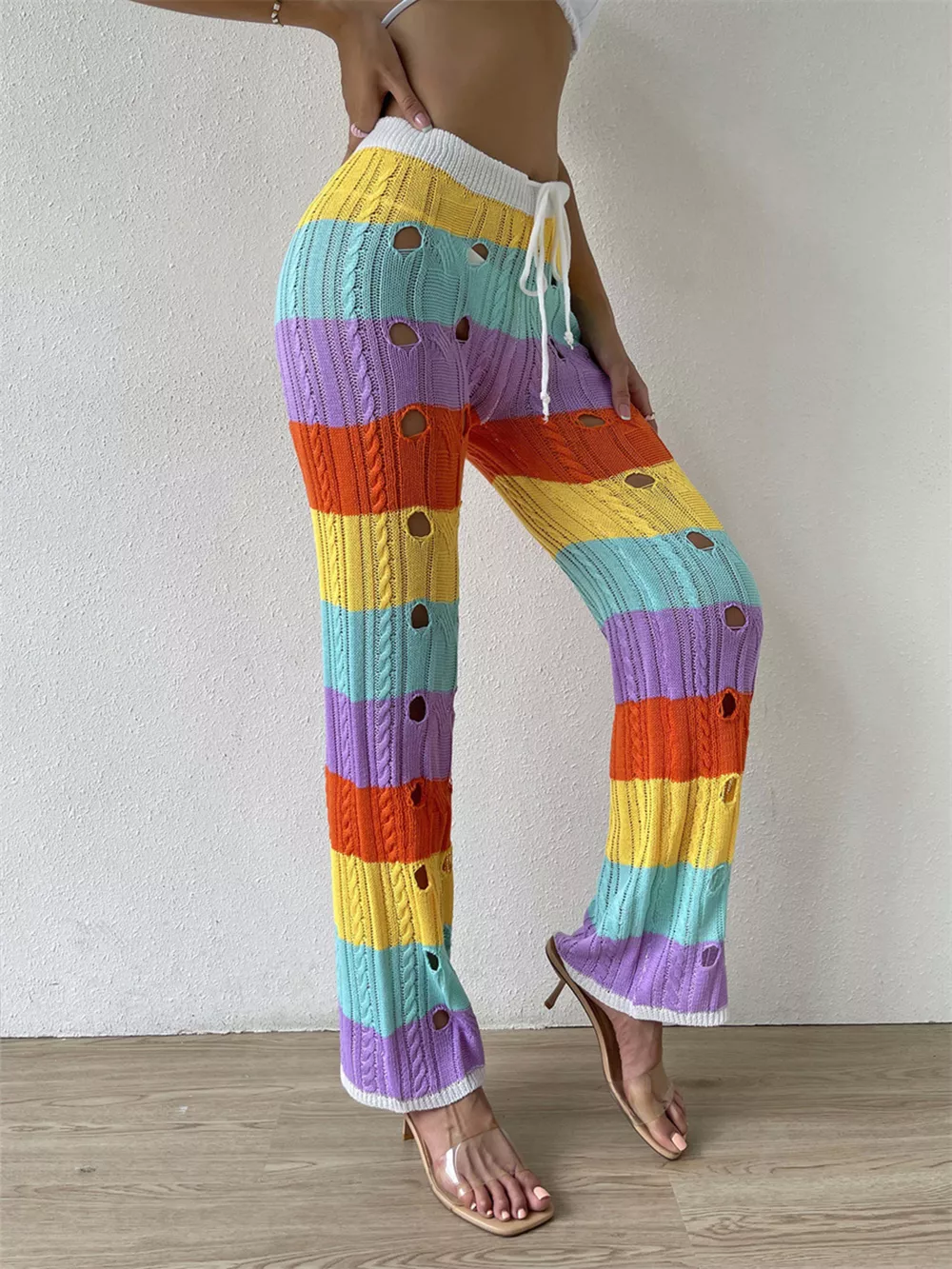 Striped Crochet Hollow-Out Knit Pants, image 9