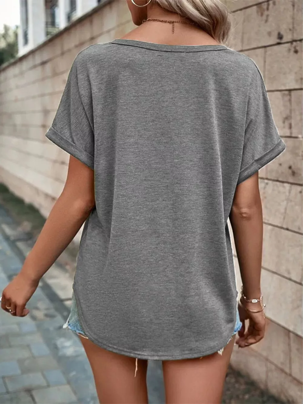 Full Size Decor Button Short Sleeve T-Shirt Plus Size, image 25