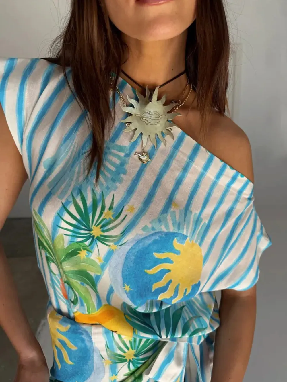 Printed Striped Single Shoulder Top and Skirt Set, image 4