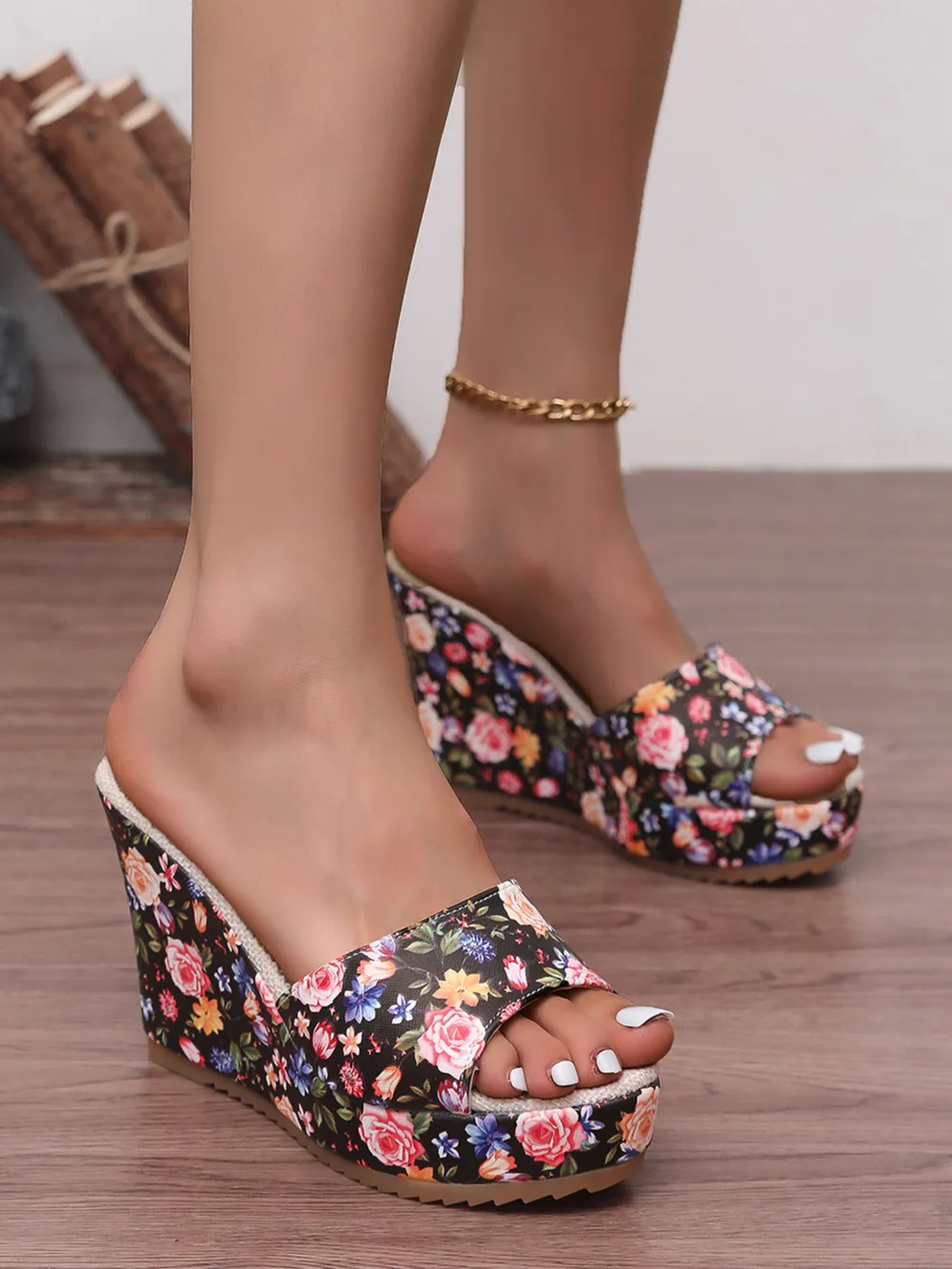 Floral Print Platform Wedge Sandals, image 2