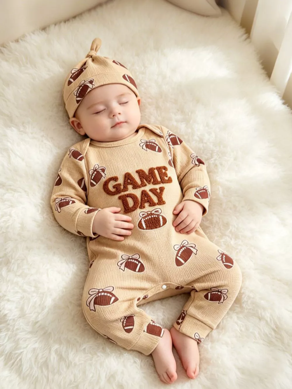 Children's Football Print Game Day Long Sleeve Jumpsuit and Hat Set, image 2